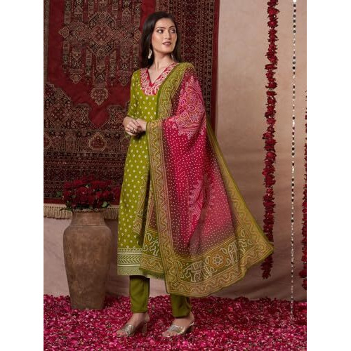 ANNI DESIGNER Women's Rayon Viscose Printed Straight Kurta with Pant & Dupatta (Subhi Mehandi-VKS04_L_Mehandi_Large)