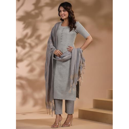 ANNI DESIGNER Women's Rayon Blend Printed Straight Kurta with Pant & Dupatta (Nukad Grey-NW_XL_Grey_X-Large)