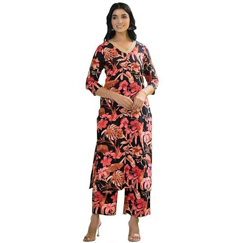 ANNI DESIGNER Women's Cotton Blend Straight Printed Kurta with Palazzo (Chinki Black-NW_S_Black_Small)