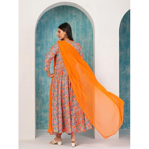ANNI DESIGNER Women's Rayon Blend Bagru Printed Anarkali Kurta with Pant & Dupatta (Locket-Multi-NW_S_Mustard_Small)