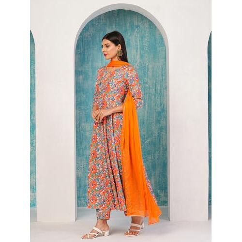 ANNI DESIGNER Women's Rayon Blend Bagru Printed Anarkali Kurta with Pant & Dupatta (Locket-Multi-NW_S_Mustard_Small)