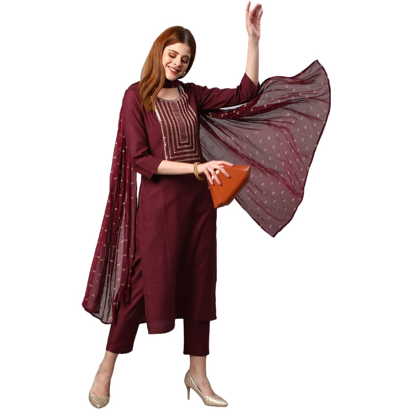 ANNI DESIGNER Women's Cotton Blend Solid Straight Kurta with Pants & Dupatta (Indira-Brown_S_Brown_Small)