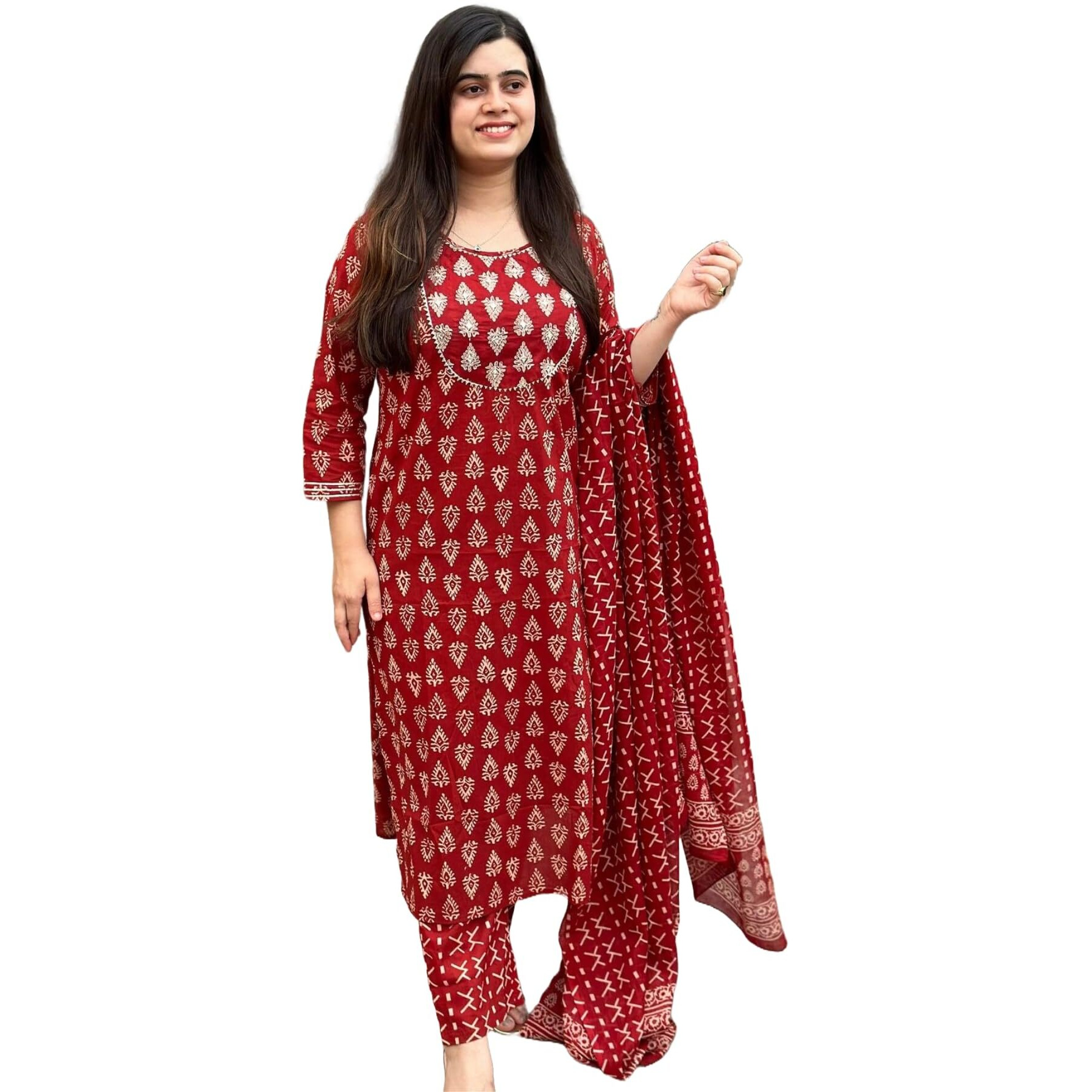 ANNI DESIGNER Women's Rayon Blend Printed Straight Kurta with Pant & Dupatta (MAU RED_XXL_Red_XX-Large)