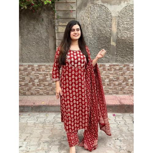 ANNI DESIGNER Women's Rayon Blend Printed Straight Kurta with Pant & Dupatta (MAU RED_XXL_Red_XX-Large)