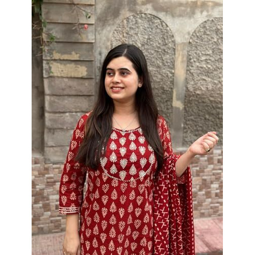 ANNI DESIGNER Women's Rayon Blend Printed Straight Kurta with Pant & Dupatta (MAU RED_XXL_Red_XX-Large)