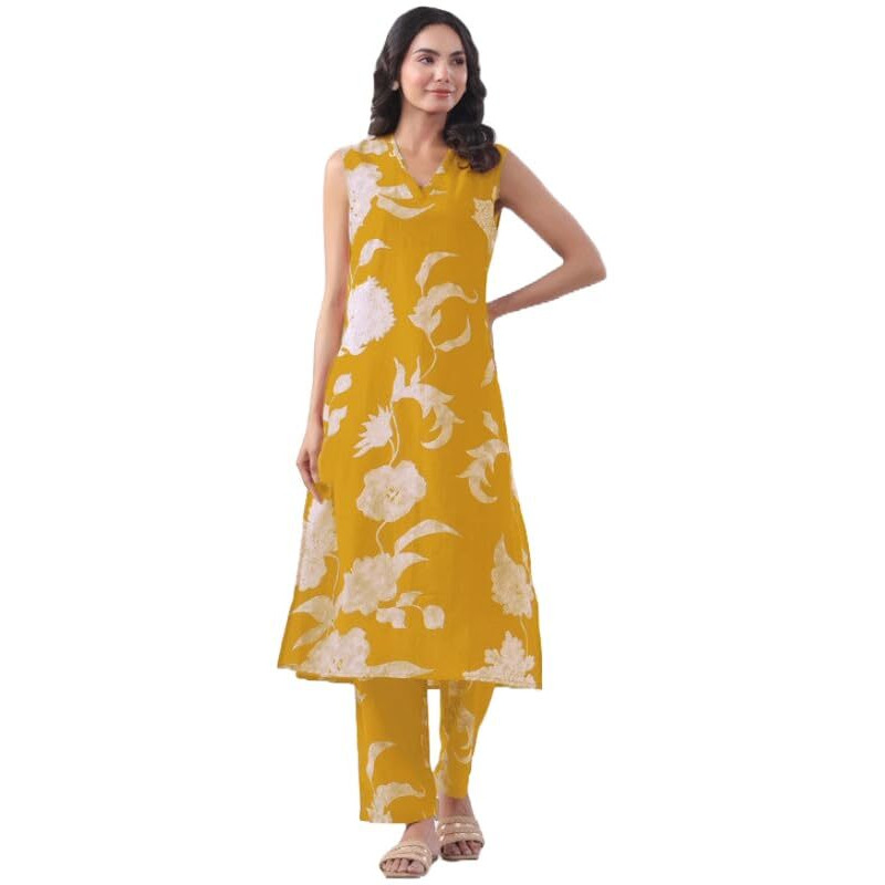 ANNI DESIGNER Women's Rayon Viscose Straight Printed Kurta with Pant (Teras Yellow_L_Yellow_Large)
