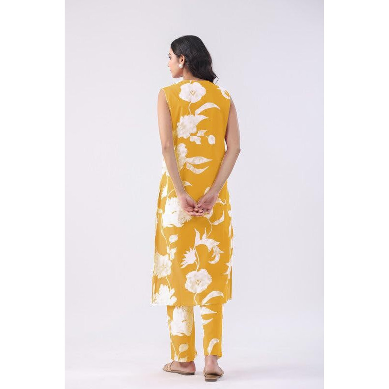 ANNI DESIGNER Women's Rayon Viscose Straight Printed Kurta with Pant (Teras Yellow_L_Yellow_Large)