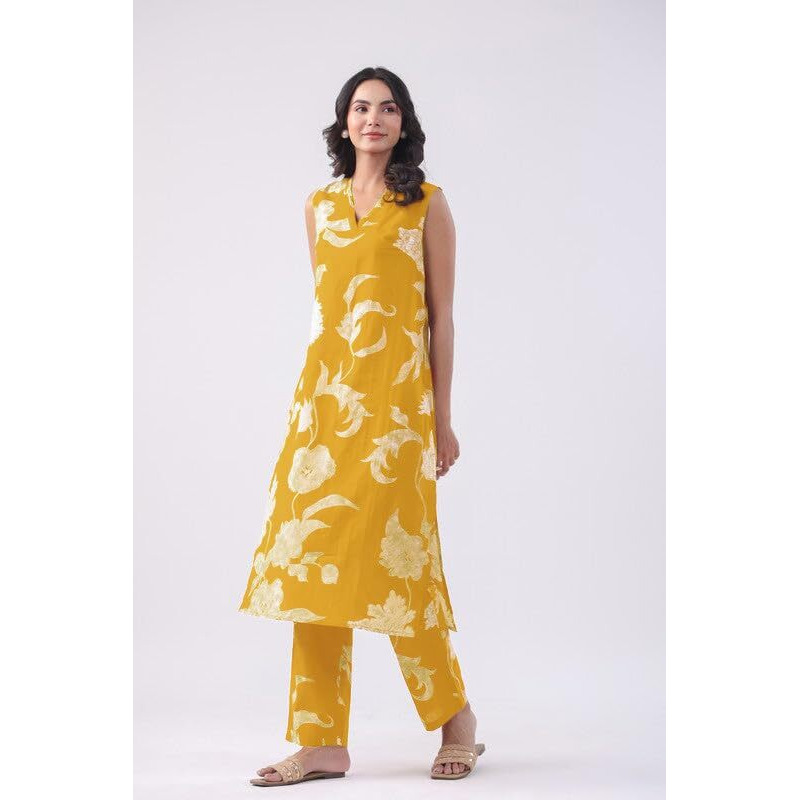 ANNI DESIGNER Women's Rayon Viscose Straight Printed Kurta with Pant (Teras Yellow_L_Yellow_Large)