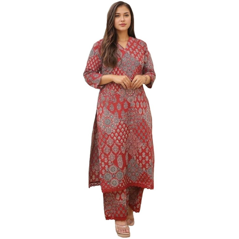 ANNI DESIGNER Women's Rayon Viscose Straight Printed Kurta with Pant (KADAI RED-VKS02_M_Red_Medium)