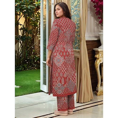 ANNI DESIGNER Women's Rayon Viscose Straight Printed Kurta with Pant (KADAI RED-VKS02_M_Red_Medium)