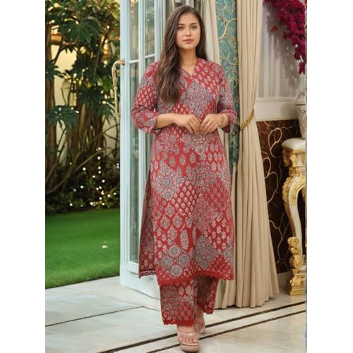 ANNI DESIGNER Women's Rayon Viscose Straight Printed Kurta with Pant (KADAI RED-VKS02_M_Red_Medium)