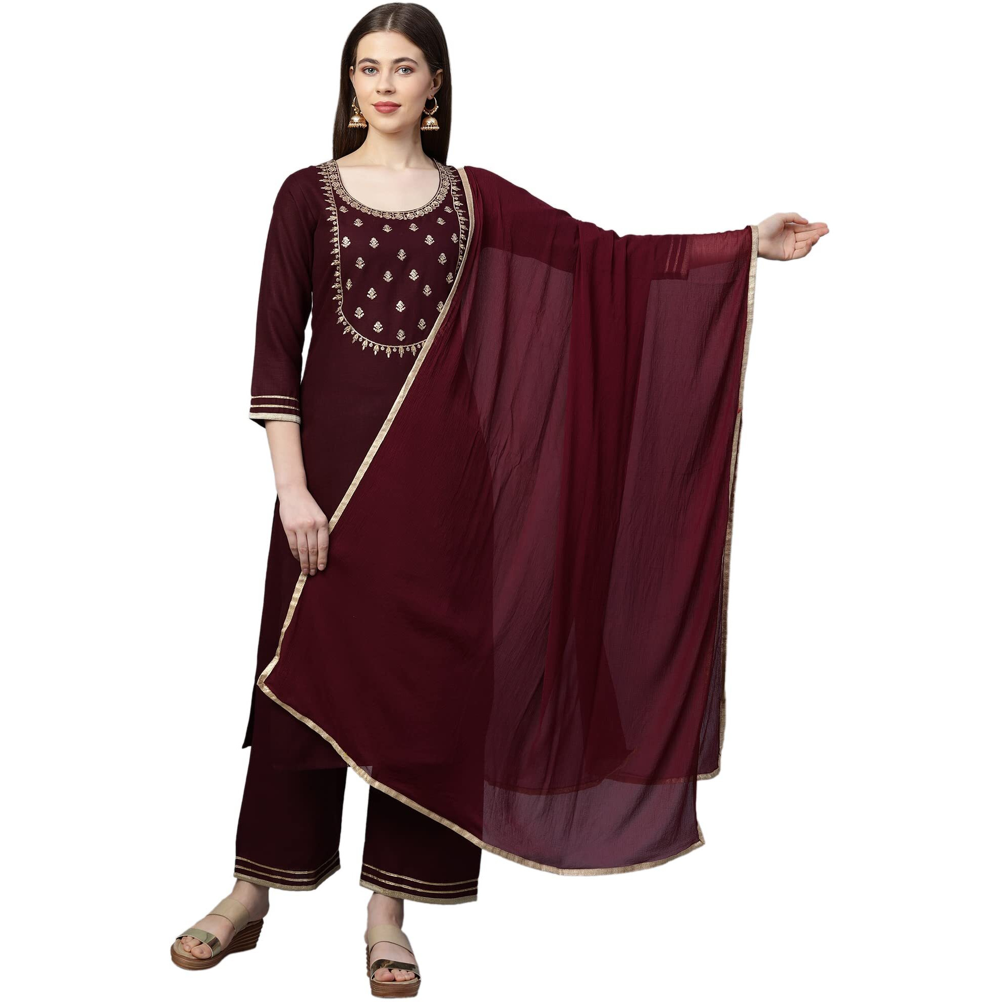ANNI DESIGNER Women's Cotton Straight Kurta with Palazzo & Dupatta (KPZD-COT-10127-MAROON_M_Maroon_Medium)