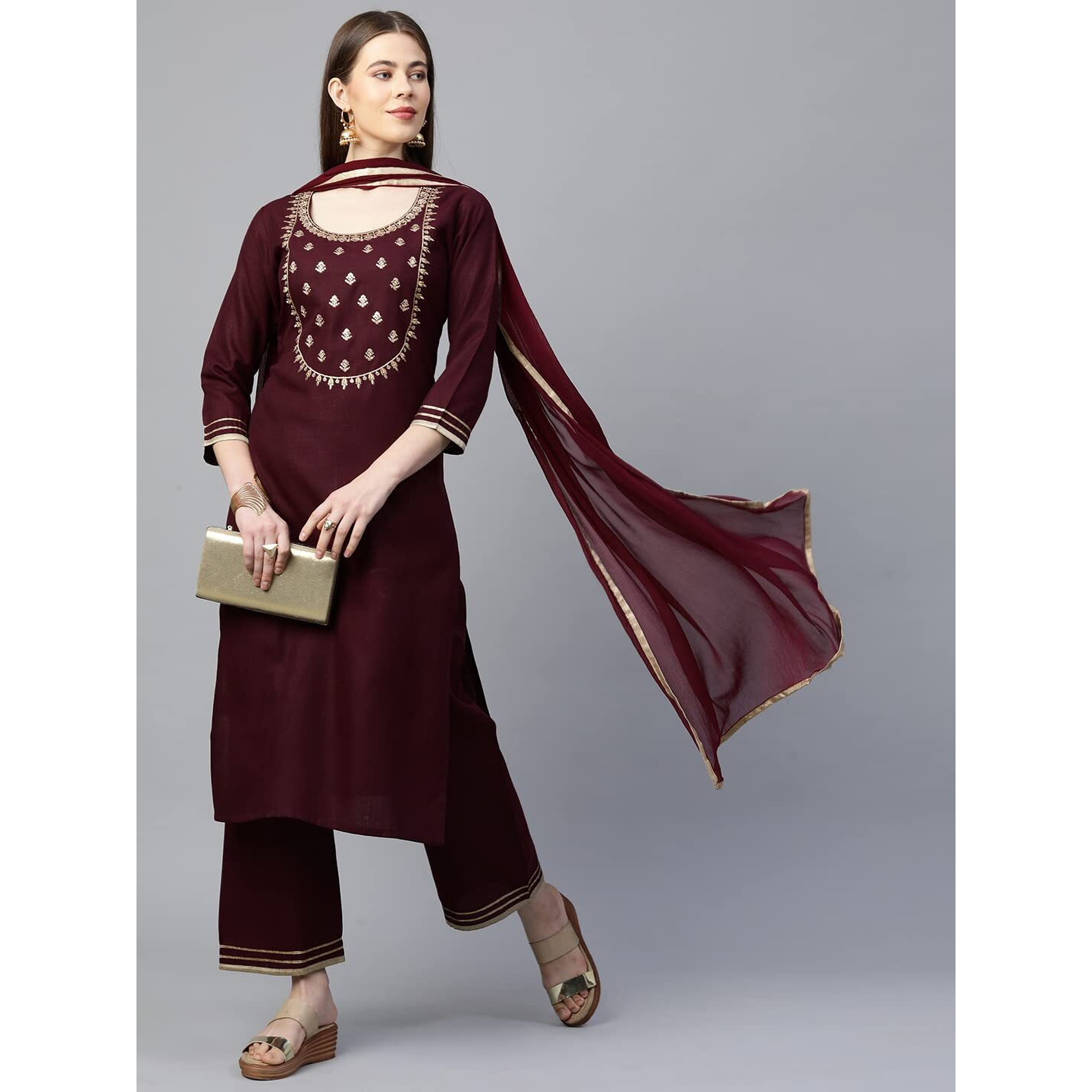 ANNI DESIGNER Women's Cotton Straight Kurta with Palazzo & Dupatta (KPZD-COT-10127-MAROON_M_Maroon_Medium)