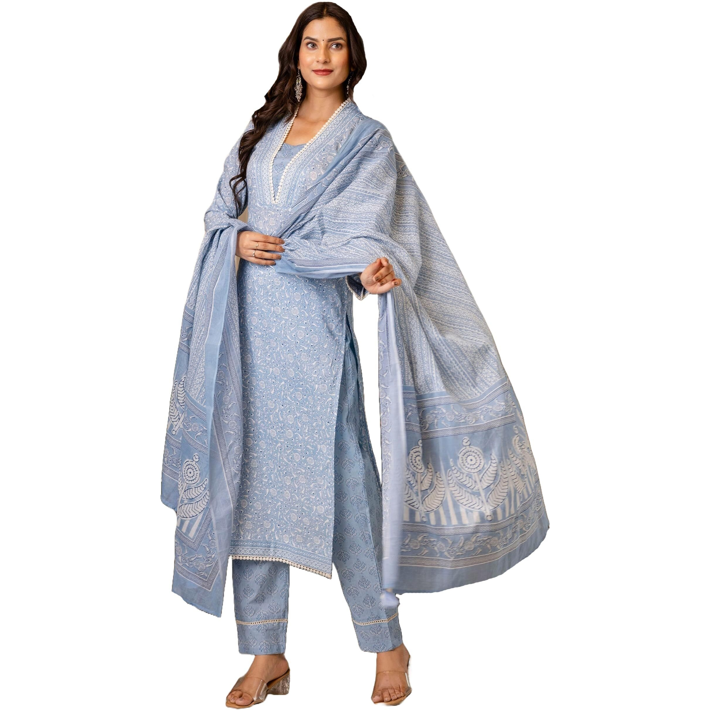 ANNI DESIGNER Women's Rayon Blend Straight Printed Kurta with Pant & Dupatta (SONEVA Blue_XL_Blue_X-Large)