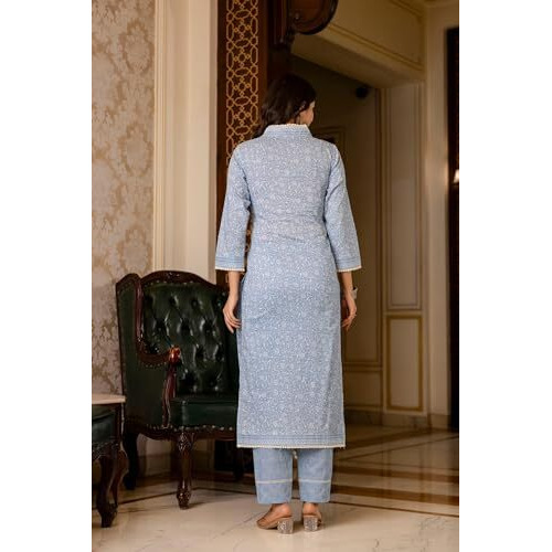 ANNI DESIGNER Women's Rayon Blend Straight Printed Kurta with Pant & Dupatta (SONEVA Blue_XL_Blue_X-Large)