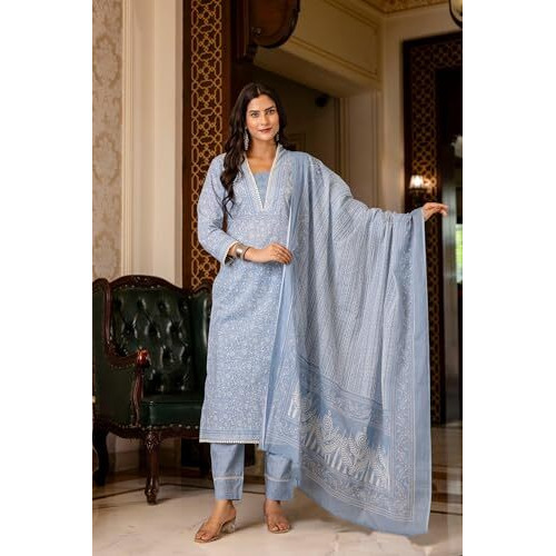 ANNI DESIGNER Women's Rayon Blend Straight Printed Kurta with Pant & Dupatta (SONEVA Blue_XL_Blue_X-Large)