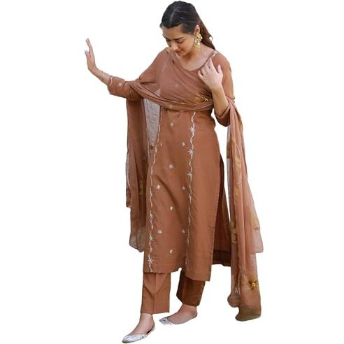 ANNI DESIGNER Women's Rayon Viscose Embroidered Straight Kurta with Pant & Dupatta (KINTU Coffee_L_Brown_Large)