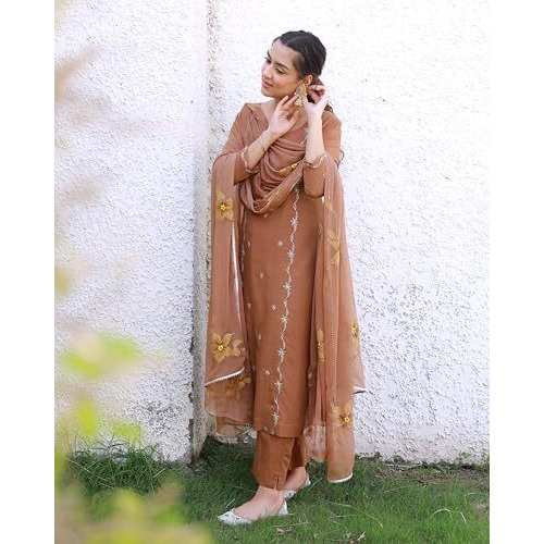 ANNI DESIGNER Women's Rayon Viscose Embroidered Straight Kurta with Pant & Dupatta (KINTU Coffee_L_Brown_Large)