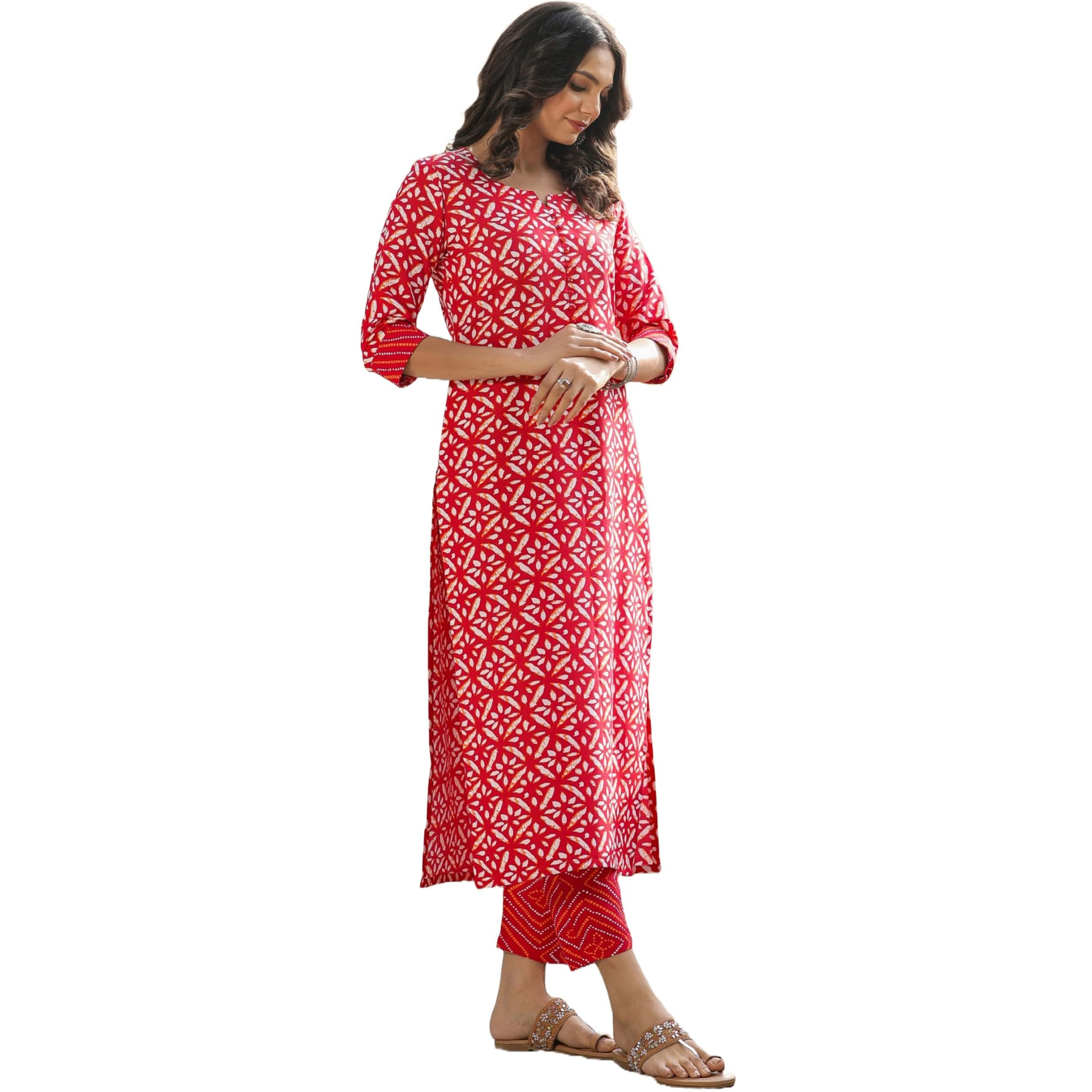 ANNI DESIGNER Women's Cotton Blend Straight Printed Kurta with Pant (Dravini Red-BFV_S_Red_Small)