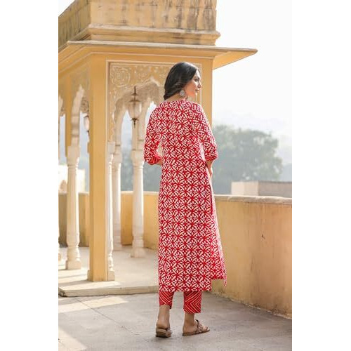 ANNI DESIGNER Women's Cotton Blend Straight Printed Kurta with Pant (Dravini Red-BFV_S_Red_Small)
