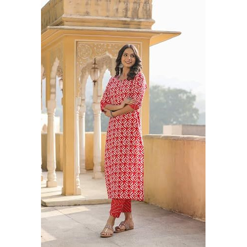 ANNI DESIGNER Women's Cotton Blend Straight Printed Kurta with Pant (Dravini Red-BFV_S_Red_Small)