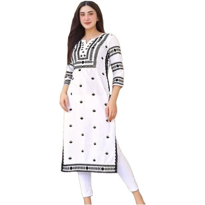 ANNI DESIGNER Women's Rayon Viscose Chikankari Embroidered Straight Kurta (Stho White-VKS03_L_White_Large)