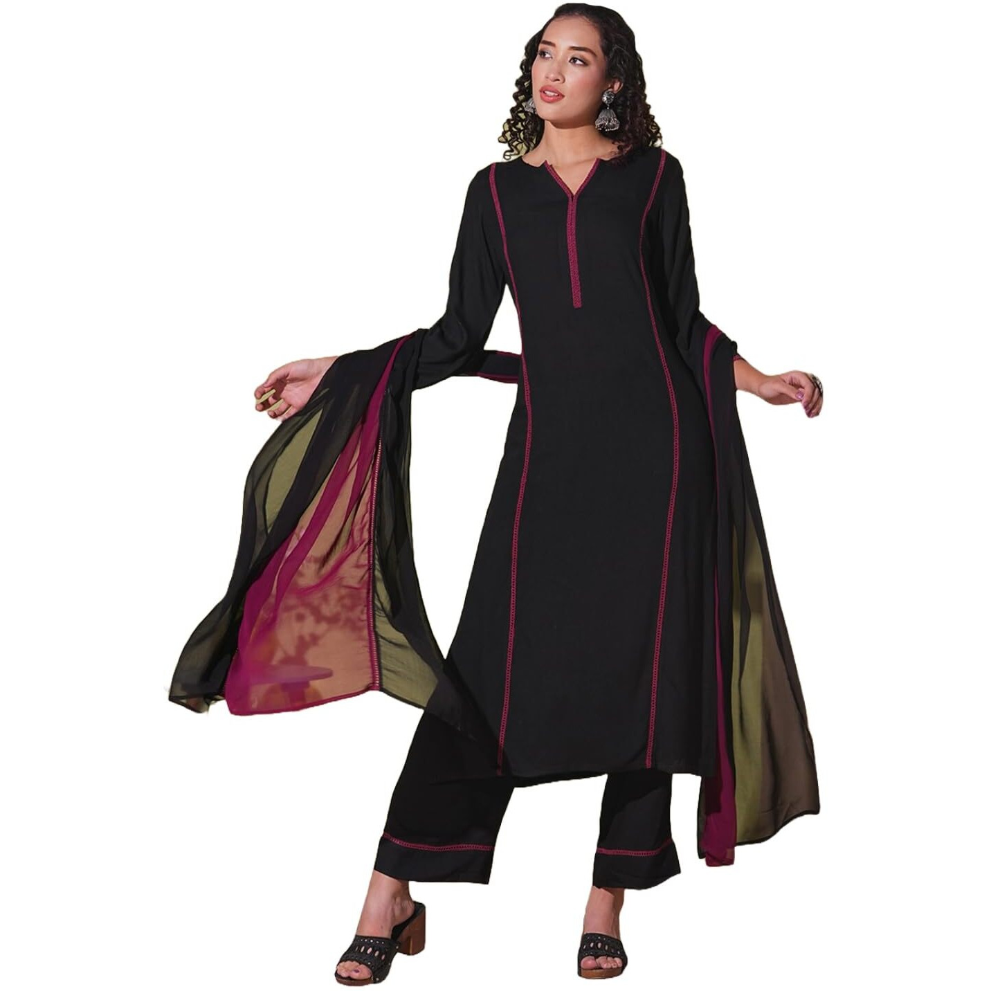 ANNI DESIGNER Women's Rayon Viscose Straight Solid Kurta with Pant & Dupatta (NANAD BLACK-VKS01_XL_Black_X-Large)