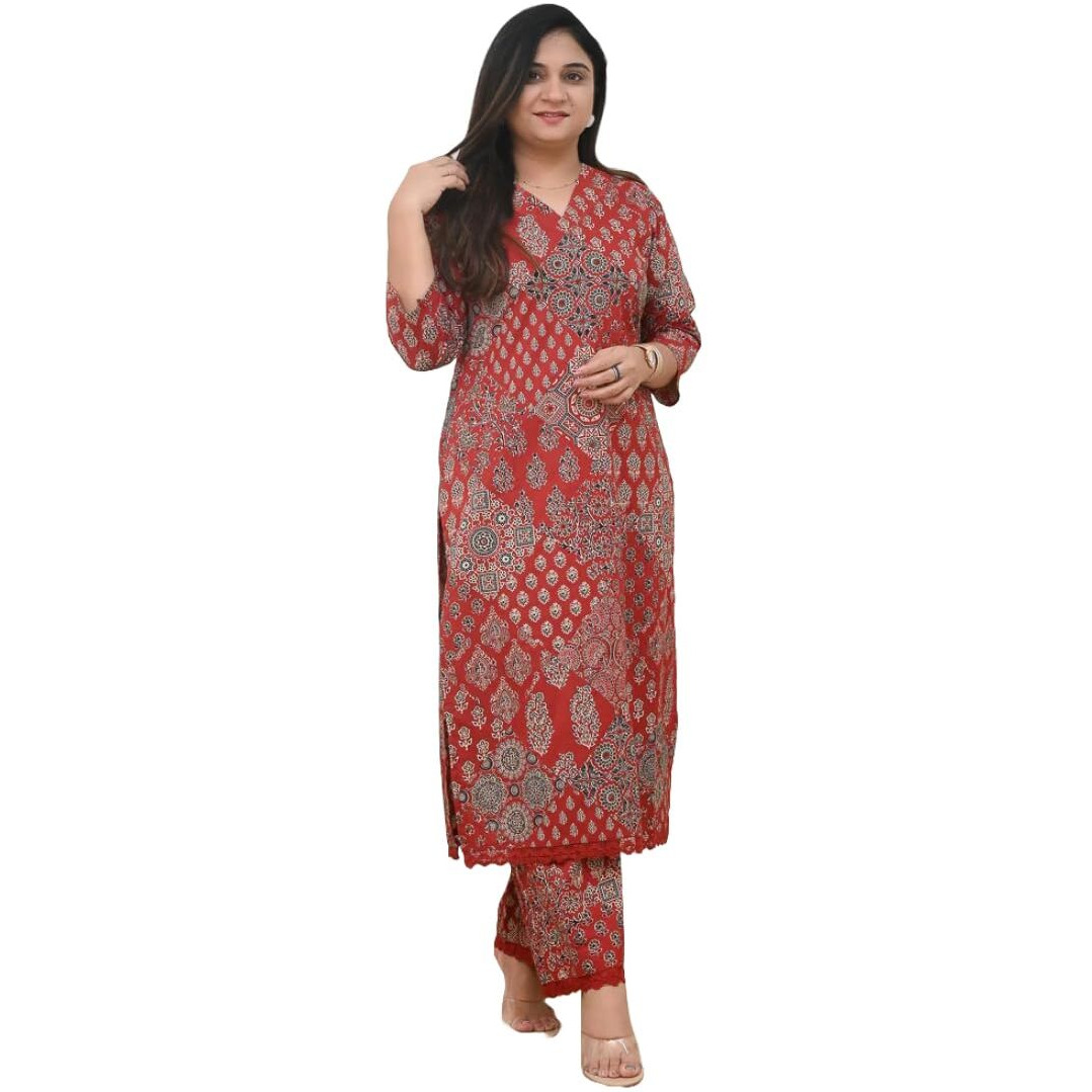 ANNI DESIGNER Women's Rayon Viscose Straight Printed Kurta with Pant (KADAI RED-VKS01_M_Red_Medium)