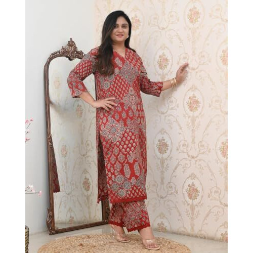ANNI DESIGNER Women's Rayon Viscose Straight Printed Kurta with Pant (KADAI RED-VKS01_M_Red_Medium)