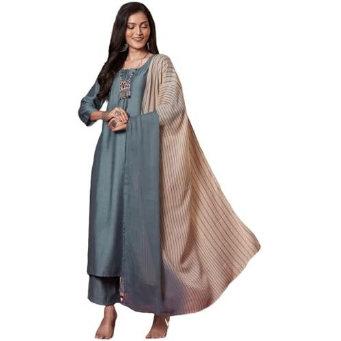 ANNI DESIGNER Women's Rayon Viscose Solid Straight Kurta with Pant & Dupatta (Raja Saab Grey-VKS13_4XL_Grey_XXXX-Large)