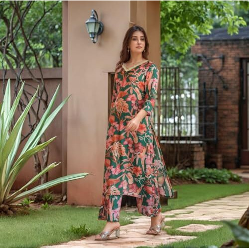 ANNI DESIGNER Women's Rayon Viscose Straight Printed Kurta with Palazzo (CHINKI GREEN-VKS03_L_Green_Large)