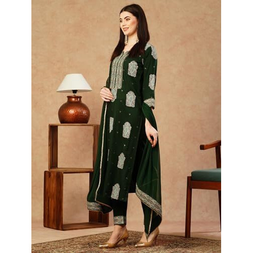 ANNI DESIGNER Women's Cotton Blend Straight Printed Kurta with Pant & Dupatta (Carla Green-NW_M_Green_Medium)