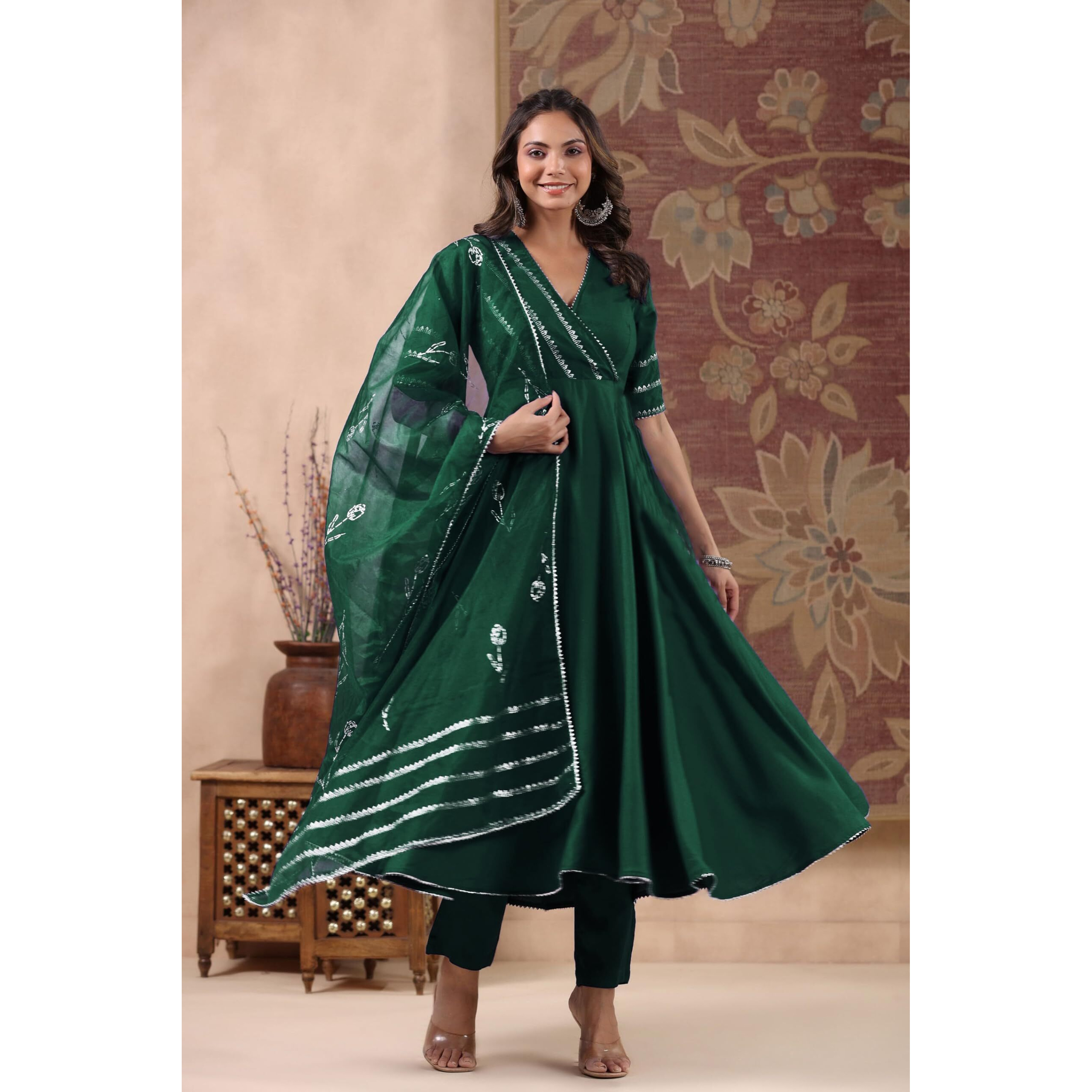 ANNI DESIGNER Women's Rayon Blend Anarkali Solid Kurta with Pant & Dupatta (NIRMOOHA Green_L_Green_Large)