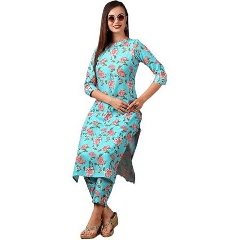 ANNI DESIGNER Women's Cotton Blend Straight Printed Kurta with Pant (NAZUK RAMA-NW_L_Blue_Large)