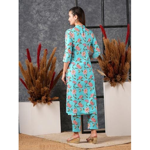 ANNI DESIGNER Women's Cotton Blend Straight Printed Kurta with Pant (NAZUK RAMA-NW_L_Blue_Large)