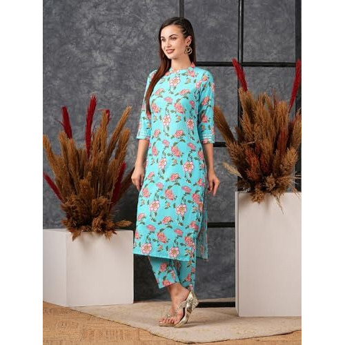 ANNI DESIGNER Women's Cotton Blend Straight Printed Kurta with Pant (NAZUK RAMA-NW_L_Blue_Large)