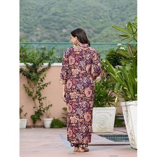 ANNI DESIGNER Women's Cotton Blend Straight Printed Kurta with Pant (Kaisen Wine_XL_Wine_X-Large)