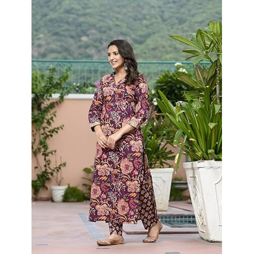 ANNI DESIGNER Women's Cotton Blend Straight Printed Kurta with Pant (Kaisen Wine_XL_Wine_X-Large)