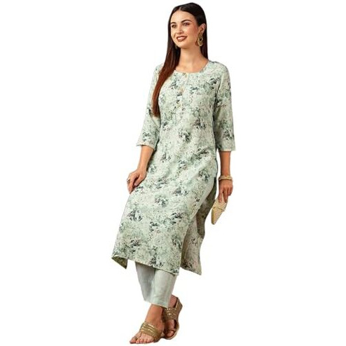 ANNI DESIGNER Women's Cotton Blend Straight Printed Kurta with Pant (Bhutam Green_M_Green_Medium)
