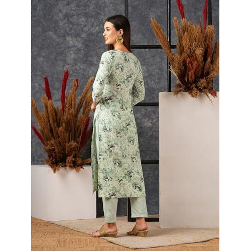 ANNI DESIGNER Women's Cotton Blend Straight Printed Kurta with Pant (Bhutam Green_M_Green_Medium)