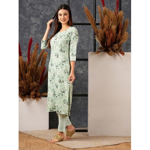 ANNI DESIGNER Women's Cotton Blend Straight Printed Kurta with Pant (Bhutam Green_M_Green_Medium)
