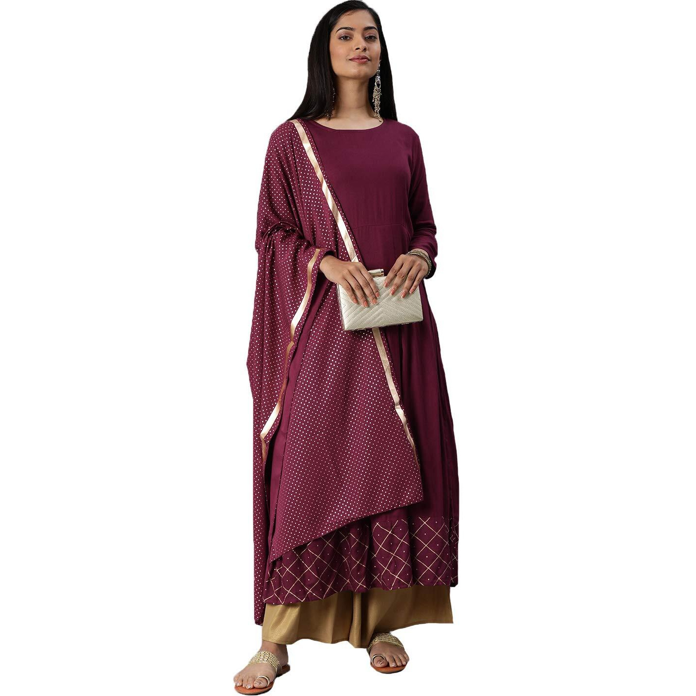 ANNI DESIGNER Women's Rayon Gold-Toned Solid Kurta with Palazzos & Dupatta (Purple,L)
