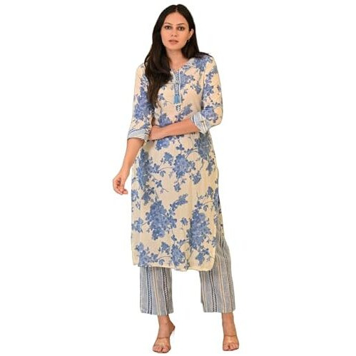 ANNI DESIGNER Women's Cotton Blend Straight Printed Kurta with Pant (Jamahi Blue-NW_XXL_Blue_XX-Large)