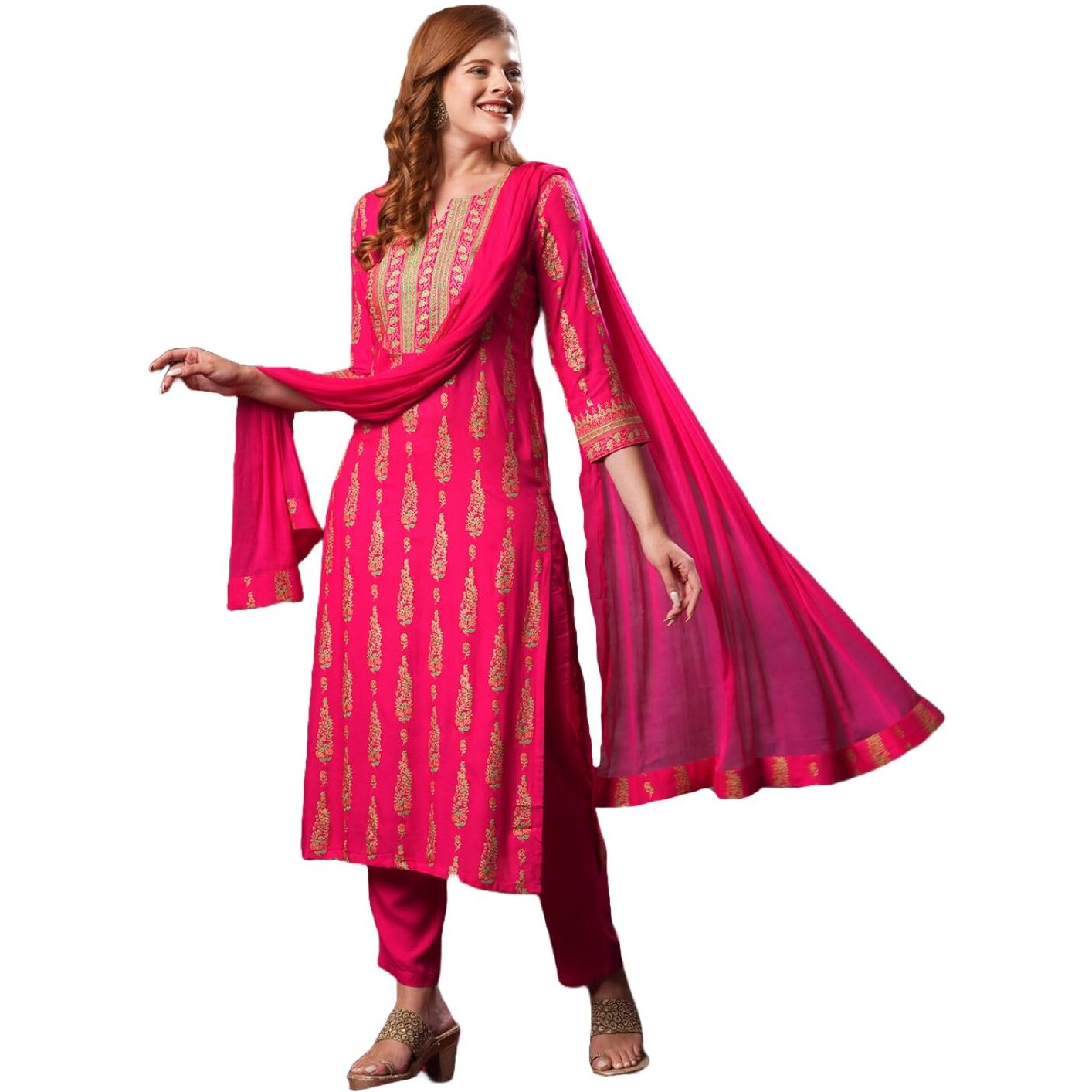 ANNI DESIGNER Women's Cotton Blend Straight Printed Kurta with Pant & Dupatta (Ajapina Pink-NW_XXL_Pink_XX-Large)