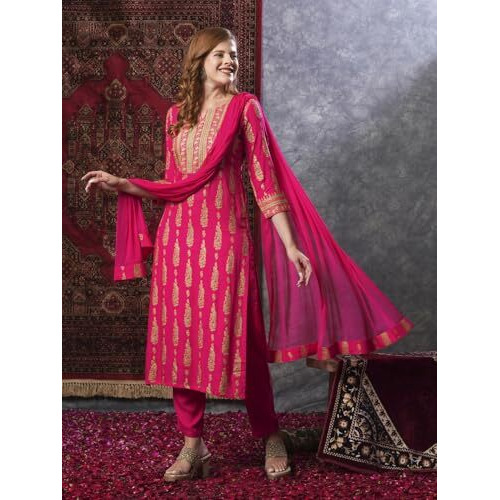 ANNI DESIGNER Women's Cotton Blend Straight Printed Kurta with Pant & Dupatta (Ajapina Pink-NW_XXL_Pink_XX-Large)