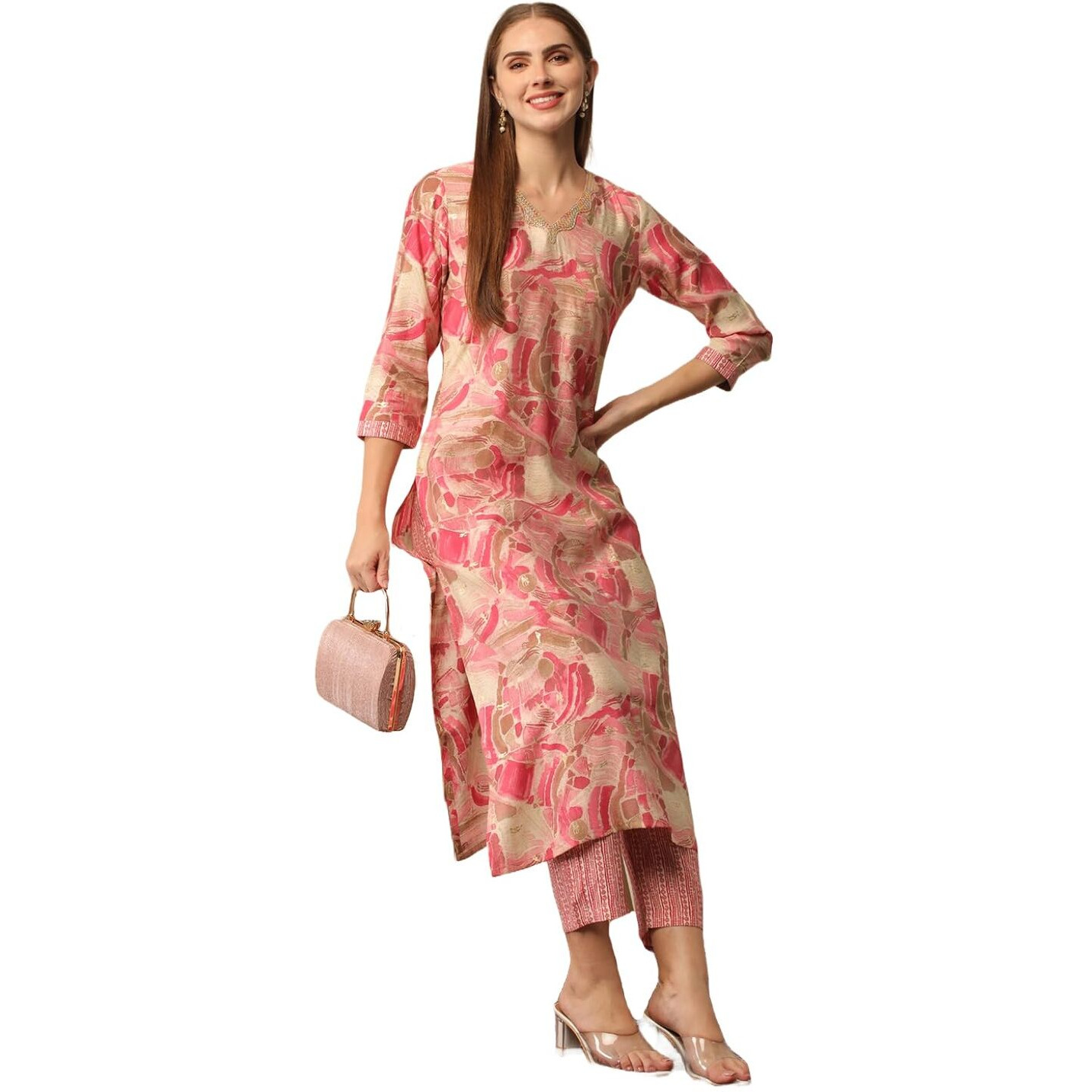 ANNI DESIGNER Women's Cotton Blend Straight Printed Kurta with Pant (Nissu Pink-NJ_S_Pink_Small)