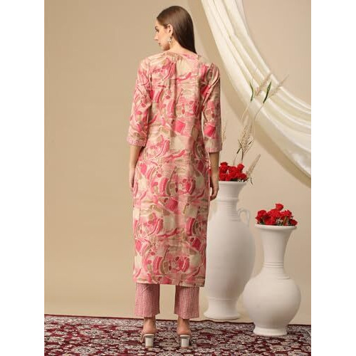 ANNI DESIGNER Women's Cotton Blend Straight Printed Kurta with Pant (Nissu Pink-NJ_S_Pink_Small)