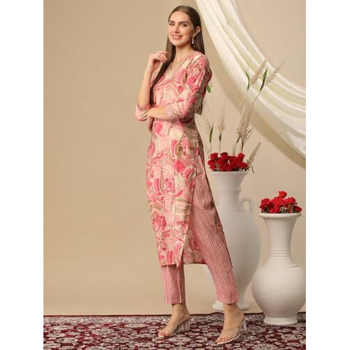 ANNI DESIGNER Women's Cotton Blend Straight Printed Kurta with Pant (Nissu Pink-NJ_S_Pink_Small)