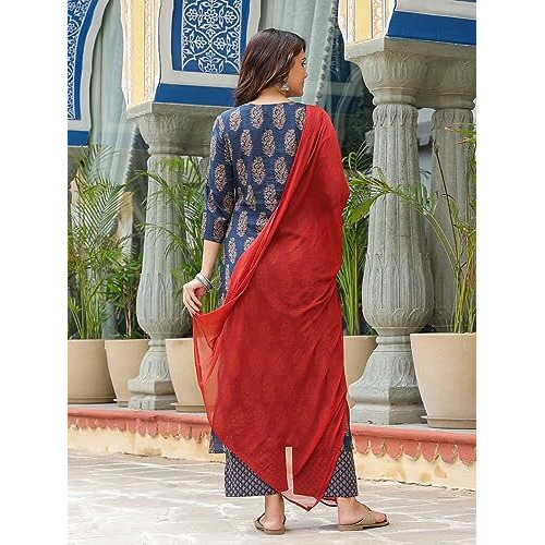 ANNI DESIGNER Women's Cotton Blend Printed Straight Kurta with Pant & Dupatta (Samichi-Blue_S_Blue_Small)