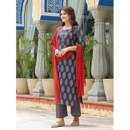 ANNI DESIGNER Women's Cotton Blend Printed Straight Kurta with Pant & Dupatta (Samichi-Blue_S_Blue_Small)